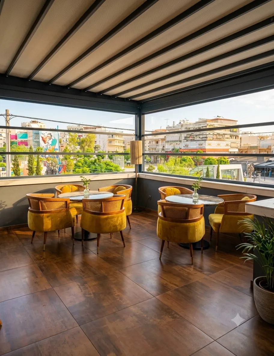 Malt rooftop dining terrace with glass walls and city views